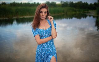 Woman blue dress lake portrait - her hip free wallpaper for desktop