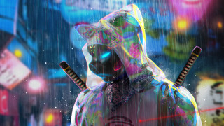 Neon rain cyberpunk swordsman planet - cyberpunk style free wallpaper