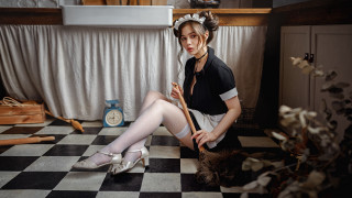 Woman sitting checkered floor broom - sakimi chan free wallpaper for desktop