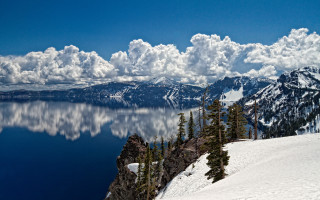 Mountain lake clouds trees snowy 2 - a few snow covered mountains free wallpaper