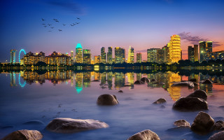 City skyline reflection dusk rocks - dusk free wallpaper for desktop