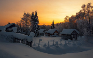 Snowy landscape sunset cabin trees - a sunset in the background free wallpaper