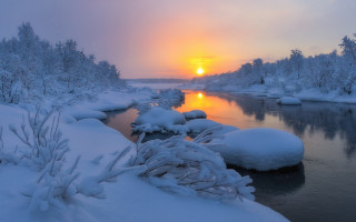 River snowy rocks trees sunset - rock and trees free wallpaper