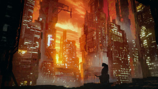 Man city skyline night red - solarpunk free wallpaper