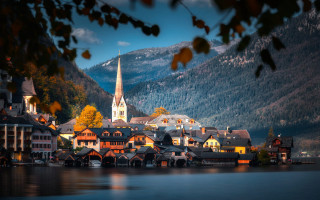 Autumn lake town church mountains - top of it next free wallpaper