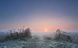 Foggy field windmill sunset lake - a foggy field free wallpaper for desktop