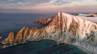 Snowy mountain water ecological art - a body of water below free wallpaper