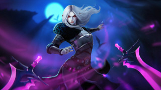 Futuristic woman sword purple moon - epic fantasy character art free wallpaper for desktop