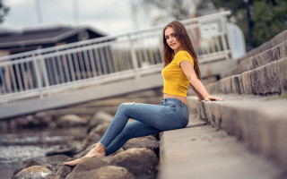 Woman river bridge casual denim - a ledge next free wallpaper for desktop