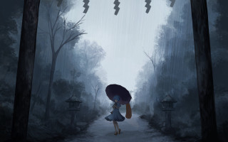 Girl umbrella woods rain birds - thunderstorm free wallpaper