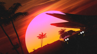 Car palm trees sunset matte - a bright sun in the background free wallpaper