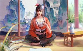 Woman sitting kimono mountain flower - art station free wallpaper