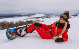 Woman red jacket snowboard winter - a snowboard free wallpaper