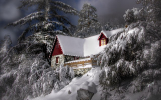 Snowy house forest shrine torii - a dark sky in the background free wallpaper