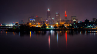 City lake night reflection skyscrapers - cleve gray free wallpaper for desktop
