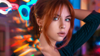Redhaired blueeyes neonhologram jewelry sharp - neon color free wallpaper