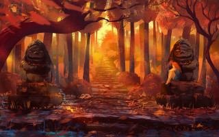 Woman forest rock waterfall autumn - art station free wallpaper