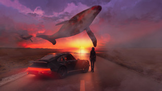 Car shark flying man retrofuturism - a shark free wallpaper
