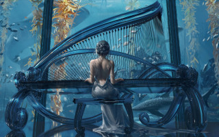 Woman sitting sea life fantasy - fish and corals free wallpaper for desktop