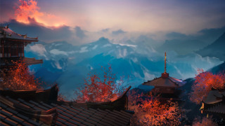 Mountain pagoda autumn leaves ceramic - a painting of a mountain range free wallpaper