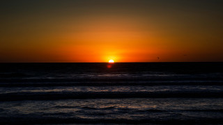 Sunset ocean bird boat mountain - a sunset over the ocean free wallpaper for desktop