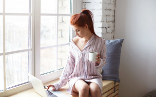 Woman sitting window sill coffee - affinity photo free wallpaper