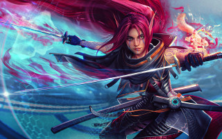 Red haired elf sword dragon - red hair holding free wallpaper