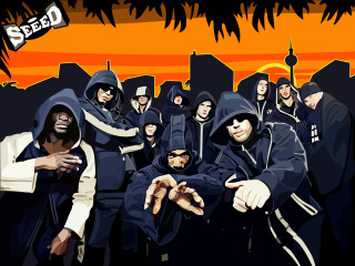 Group people hooded jackets sunset - a finger free wallpaper