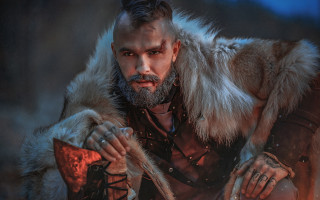 Bearded man fur coat sword - epic fantasy character art free wallpaper for desktop