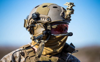 Soldier helmet microphone blue sky - full round face free wallpaper