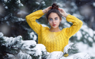 Woman yellow sweater snowy forest - a snowy forest free wallpaper