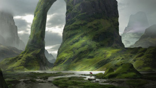 River man arch rock fantasy - matte painting free wallpaper
