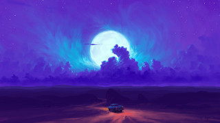 Purple moonlit road car fantasy - outrun free wallpaper