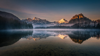 Mountain reflection lake sunset foggy - daniel lieske free wallpaper