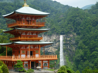 Tall pagoda waterfall background waterfall - japan eishōsai chōki free wallpaper