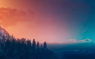 Mountain forest sunset dusk panorama - bob ross free wallpaper