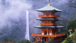 Tall building waterfall fog background 2 - japan eishōsai chōki free wallpaper