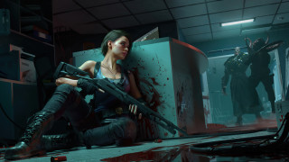 Woman kneeling machinegun blooded room - blood free wallpaper