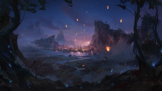 Fantasy landscape mountain town night - league of legends concept art free wallpaper for desktop