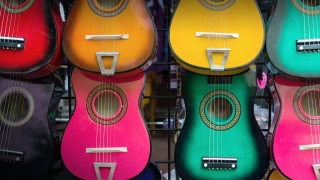 Colorful guitars store display tilt - folk art free wallpaper