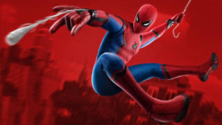 Spiderman flying cityscape red background - a spider man free wallpaper