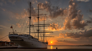 Large boat sunset clouds mountains - sunrise free wallpaper