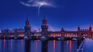 Lightning city night bridge buildings - over a city free wallpaper