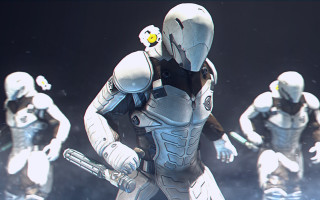 Futuristic people white suits yellow - a group free wallpaper for desktop