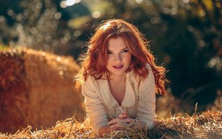 Woman hay bales smiling red - red hair free wallpaper