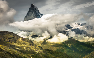 Mountain peak clouds valley trees - tall peak free wallpaper