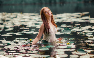Woman white dress pond waterlilies - artur tarnowski free wallpaper