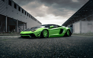 Green sports car cloudy building - a green sports car free wallpaper