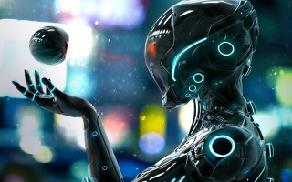 Robot ball cyberpunk glowing moon - a robot free wallpaper for desktop