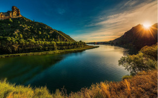 Lake mountains trees sunset sky 2 - david boyd free wallpaper for desktop